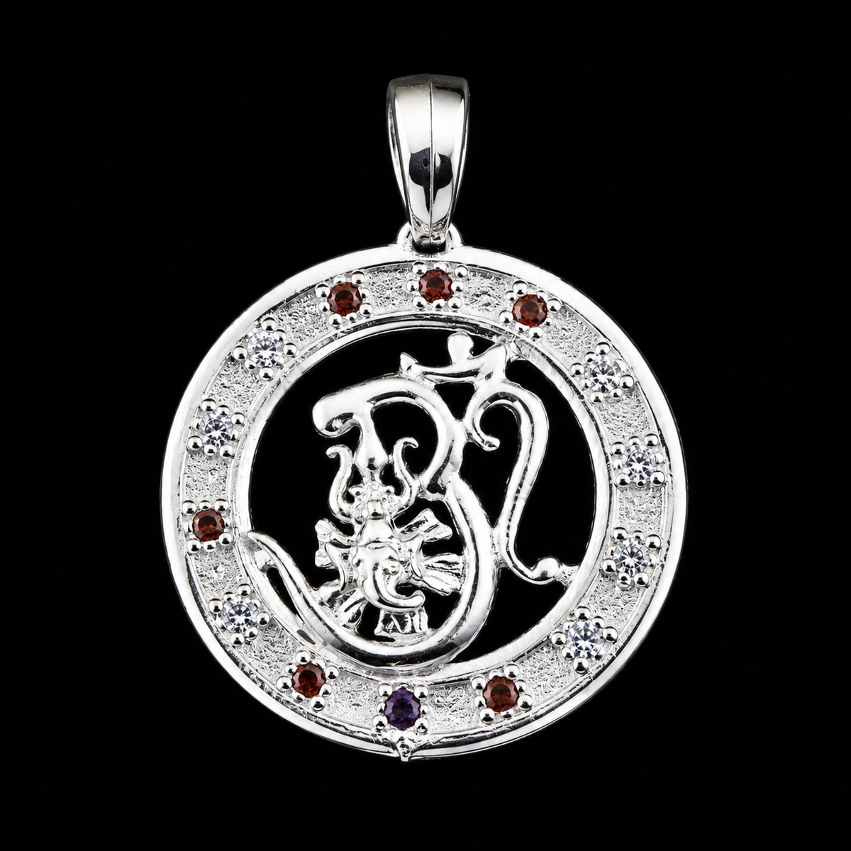 Round Ganesha Multicolour Stone Silver Pendant